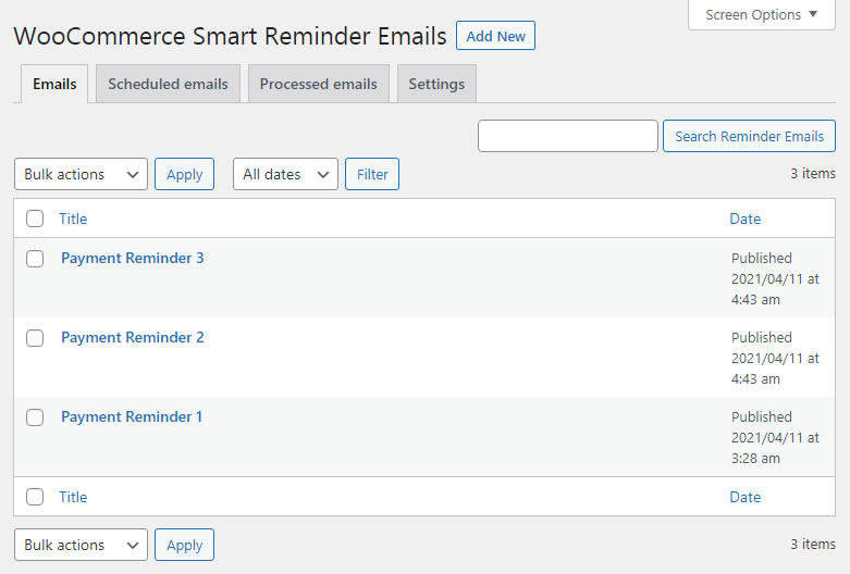 Overview of reminder emails