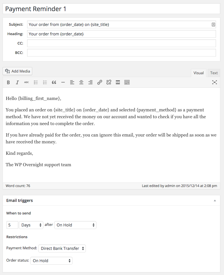 WooCommerce Reminder Emails Payment Reminders