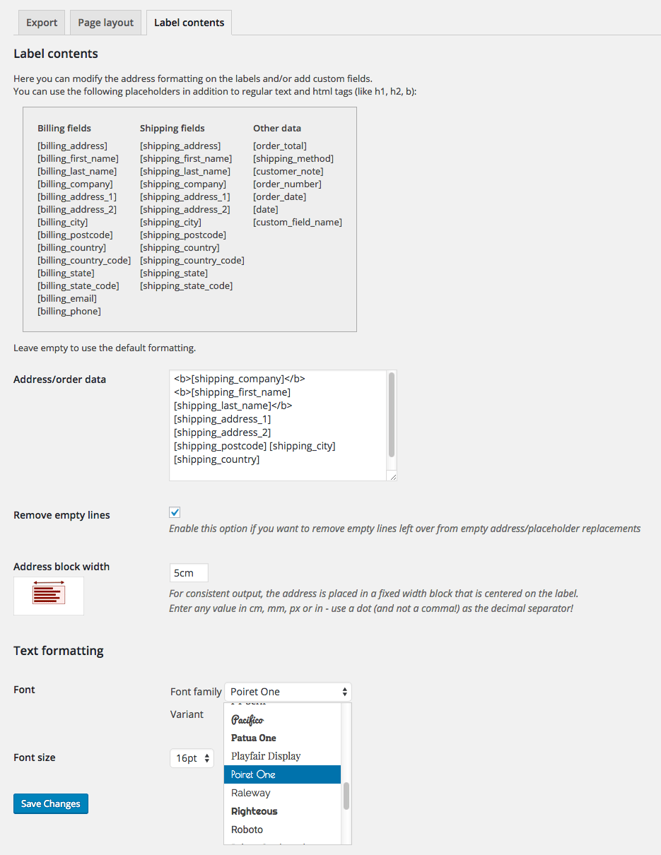 WooCommerce Address Labels Label Content Settings