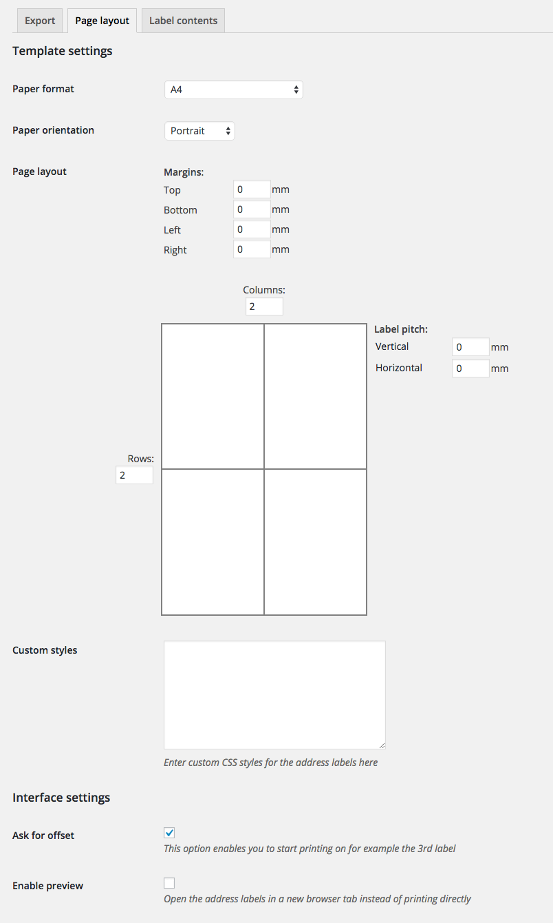 WooCommerce Address Labels Page Layout Settings