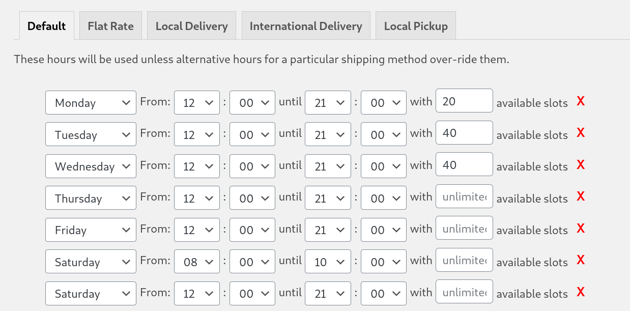 Setting possible times, per shipping method if desired